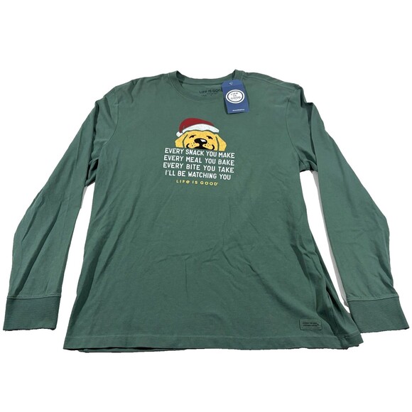 Life is Good Shirt Green Long Sleeve Retriever Santa Hat Christmas Tee Sz L NWT - Picture 1 of 13
